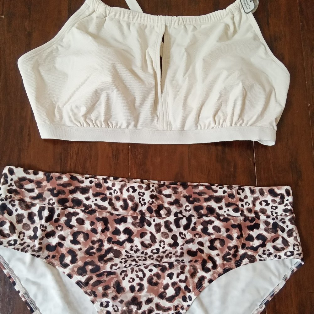 NWT Time & Tru Vanilla Dream Swim Top Size 1X & Cheetah Bottoms Size XL - Picture 4 of 6
